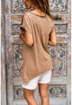 Kadın Bakır Yıkamalı Lazer Kesimli Asimetrik Baskılı Salaş T-Shirt GK-RSD2062