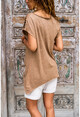 Womens Copper Washed Laser Cut Asymmetrical Printed Loose T-Shirt GK-RSD2062