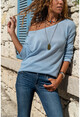 Womens Bebe Blue Boat Neck Loose Openwork Slim Knitted Blouse GK-BST2977