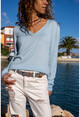 Womens Baby Blue V-Neck Thin Knitted Basic Sweater GK-JR225