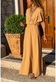 Kadın Bej Airobin Omzu Tokalı Hasır Detaylı Beli Büzgülü Uzun Elbise BST3127