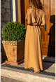 Kadın Bej Airobin Omzu Tokalı Hasır Detaylı Beli Büzgülü Uzun Elbise BST3127