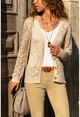 Womens Beige Openwork Buttoned V-Neck Cardigan GK-CCK90000