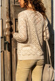 Womens Beige Openwork Buttoned V-Neck Cardigan GK-CCK90000