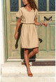 Kadın Bej Beli Büzgülü Yakası Yırtmaçlı Keten Elbise GK-BST2874