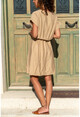 Kadın Bej Beli Büzgülü Yakası Yırtmaçlı Keten Elbise GK-BST2874