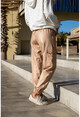 Womens Beige Elastic Waist Special Shiny Textured Loose Trousers with Side Pockets GK-RSD2019