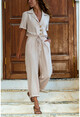 Womens Beige Jacket Collar Elastic Waist Airobin Overalls GK-BSTY2622