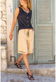 Womens Beige Pocketed Double Leg Linen Bermuda Shorts BST2912