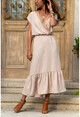 Womens Beige Straw Embroidered Skirt Frilly Long Dress GK-BST2556