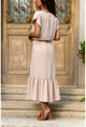 Kadın Bej Hasır İşlemeli Eteği Fırfırlı Uzun Elbise GK-BST2556
