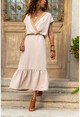 Kadın Bej Hasır İşlemeli Eteği Fırfırlı Uzun Elbise GK-BST2556