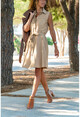 Womens Beige Self-Belt Double Pocket Linen Shirt Dress GK-BSTW2945