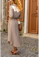 Womens Beige Linen Waist Pleated Straw Belt Shirt Dress BST2837