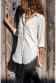 Womens Beige Linen Textured Side Buttons Skirt Tasseled Shirt GK-AYN1666
