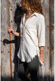 Womens Beige Linen Textured Side Buttons Skirt Tasseled Shirt GK-AYN1666