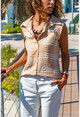 Womens Beige Sleeveless Square Pattern Special Textured Shirt GK-BST2878K