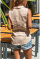 Womens Beige Sleeveless Special Textured Striped Shirt GK-BST2878C