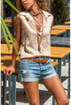 Womens Beige Sleeveless Special Textured Striped Shirt GK-BST2878C