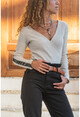 Womens Beige Double Breasted Leather Garnish Sweater GK-BST2996