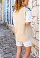 Kadın Bej-Lacivert Yıkamalı Patchwork Salaş T-Shirt GK-RSD2050