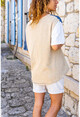 Womens Beige-Navy Blue Washed Patchwork Loose T-Shirt GK-RSD2050