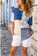 Womens Beige-Navy Blue Washed Patchwork Loose T-Shirt GK-RSD2050