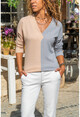 Womens Beige-Blue V-Neck Block Sweater GK-BST3000