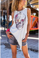 Kadın Bej Yıkamalı Asimetrik Kesim Kolsuz T-Shirt RSD2066