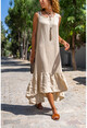 Womens Beige Washed Linen Skirt Ruffled Sleeveless Loose Dress RSD2069