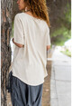 Kadın Bej Yıkamalı Keten Lale Baskılı Düğme Detaylı Salaş Bluz GK-RSD2060