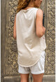 Womens Beige Washed Linen Embroidered Pocket Half Pat Sleeveless Blouse GK-RSD2042