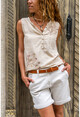 Womens Beige Washed Linen Embroidered Pocket Half Pat Sleeveless Blouse GK-RSD2042