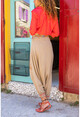 Womens Beige Washed Linen Embroidered Colored Elastic Baggy Trousers RSD2072