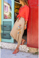 Kadın Bej Yıkamalı Keten Nakışlı Renkli Lastikli Şalvar Pantolon RSD2072