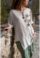 Womens Beige Washed Linen Star Sequin Asymmetric Cut Loose Blouse GK-RSD2022