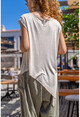 Kadın Bej Yıkamalı Parçalı Asimetrik T-Shirt RSD2075