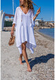 Kadın Beyaz Astarlı Yanı Bağlamalı Ajurlu V Yaka Salaş Elbise GK-CCKCC4005
