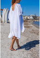 Kadın Beyaz Astarlı Yanı Bağlamalı Ajurlu V Yaka Salaş Elbise GK-CCKCC4005