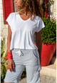 Kadın Beyaz Crop V Yaka T-Shirt GK-JR221