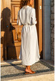 Womens White Linen Waist Pleated Straw Belt Shirt Dress GK-BST2837