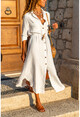 Womens White Linen Waist Pleated Straw Belt Shirt Dress GK-BST2837