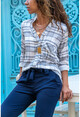 Womens White-Navy Blue Plaid Dominate Collar Shirt BST2251