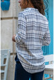 Womens White-Navy Blue Plaid Dominate Collar Shirt BST2251