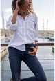 Womens White-Navy Blue Garnish Loose Marine Shirt GK-AYN1829