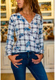 Womens White-Blue Patterned Double Breasted Blouse BST2185