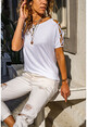 Kadın Beyaz Omzu Çarpraz Bantlı Salaş T-Shirt GK-JR400