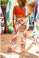 Womens White-Orange Patterned Wide Leg Loose Trousers GG356