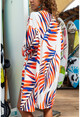 Kadın Beyaz-Turuncu Desenli Salaş Uzun Kimono GG3340