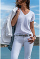 Kadın Beyaz V Yaka Yarasa Kol Basic T-Shirt GK-JR211